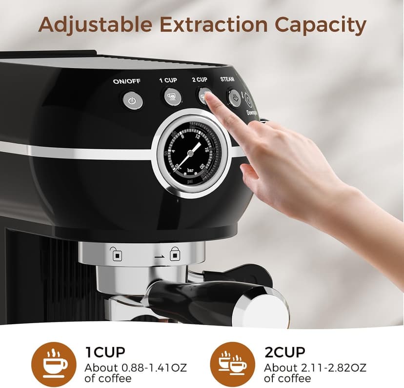 Espresso Machine with Milk Frother, 20 Bar Espresso Maker for Latte and Cappuccino, Expressions Coffee Machine with Removable Water Tank (Glossy dark)