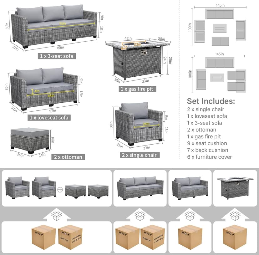 Rattaner 7-Piece Outdoor Furniture Sets Patio Furniture Set with 45-inch Fire Pit Patio Couch Outdoor Chairs 60000 BTU Propane Fire Pit Table with Non-Slip Cushions Waterproof Covers, Light Grey