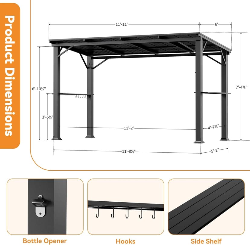 Hardtop Grill Gazebo 6'x12'with Side Shelf, Outdoor Gazebo with Bottle Opener & Hooks, Grill Canopy with Sturdy Rustproof Design for Backyard, Garden, Patio,Black