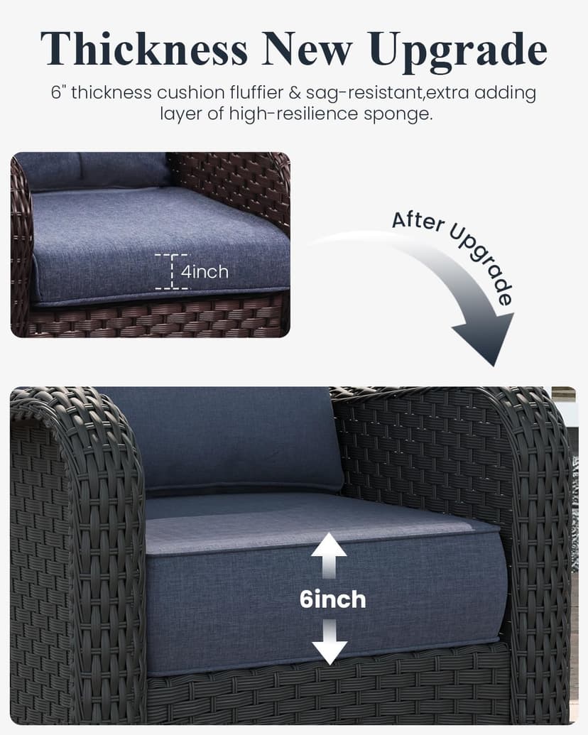 LayinSun 10 Piece Wicker Outdoor Furniture Set with 6-inch Comfy Cushions, High Back Patio Furniture Set with Swivel Rocking Chairs and Fire Pit Table