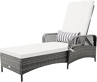 COSTWAY PE Rattan Chaise Lounge Chair, 6 Gear Adjustable Recliner with Armrest & Pillow, Wicker Outdoor Furniture for Deck, Patio (1, Gray)