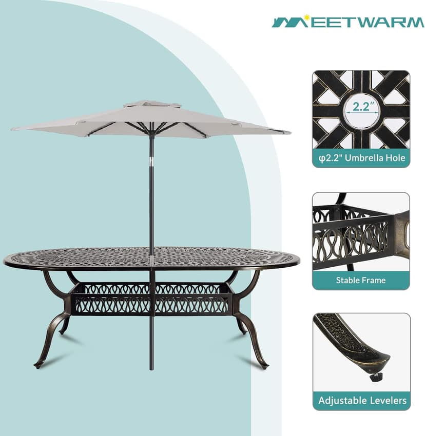 MEETWARM 9-Piece Outdoor Furniture Dining Set, All Weather Cast Aluminum Patio Garden Set with 8 Chairs,1 Oval Table, 2" Umbrella Hole, Dark Bronze