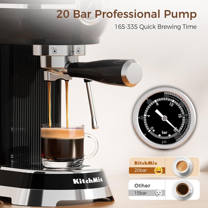 Espresso Machine with Milk Frother, 20 Bar Espresso Maker for Latte and Cappuccino, Expressions Coffee Machine with Removable Water Tank (Glossy dark)