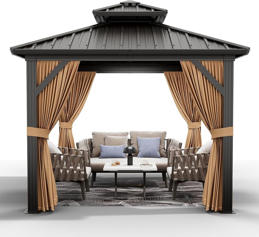 10'x10' Hardtop Gazebo, Heavy Duty Aluminum Permanent Hardtop Gazebo Outdoor Pavilion with Curtains and Netting for Garden (Khaki, 10'x10')