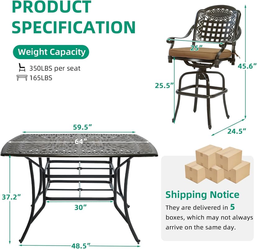 VIVIJASON 9-Piece High Patio Dining Set, Free-Rust Cast Aluminum Patio Bar Table and Chairs Set with 8 Swivel Bar Stools & 64" Bar Height Dining Table, Umbrella Hole for Backyard, Lawn, Garden