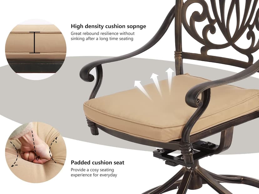 Grepatio 9 Piece Cast Aluminum Patio Furniture Set Outdoor Dining Set Bistro Furniture Set with 6 Chairs 2 Swivel and Dining Table, 8 Cushions for Backyard Garden (Khaki)