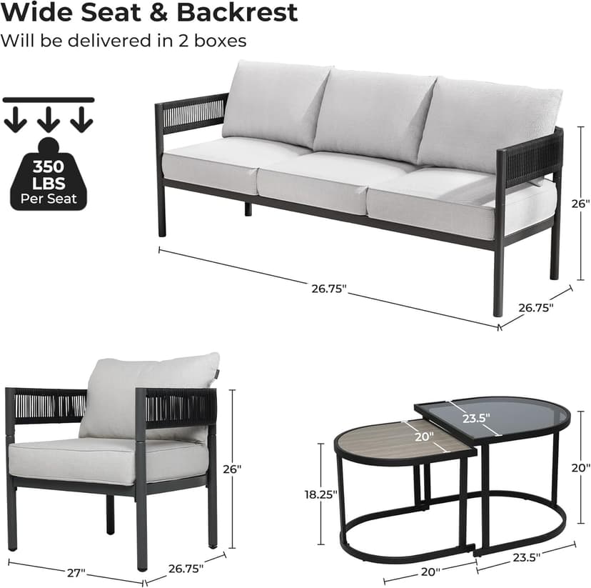 Grand patio 5-Piece Outdoor Furniture Set, 5 Seats Wicker Sofa Conversation Set with 3-Seat Couch, Thick Cushions and Coffee Table, for Backyard, Balcony, Garden (Beige)