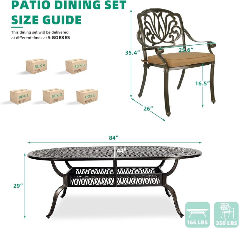 VIVIJASON 9-Piece Outdoor Furniture Dining Set, All-Weather Cast Aluminum Patio Conversation Set, Include 8 Cushioned Chairs and an Oval Table with Umbrella Hole for Balcony Lawn Garden Backyard