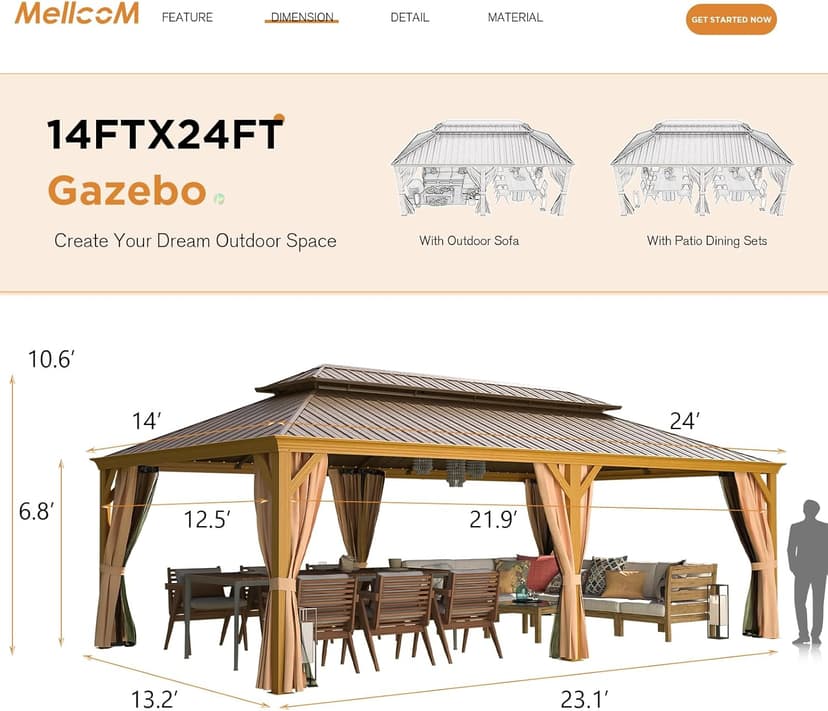 MELLCOM 14'x24' Gazebo, Wooden Finish Coated Aluminum Frame Pergola with Double Galvanized Steel Hardtop Roof, Outdoor Permanent Metal Pavilion with Curtains and Nettings for Patio, Backyard and Deck