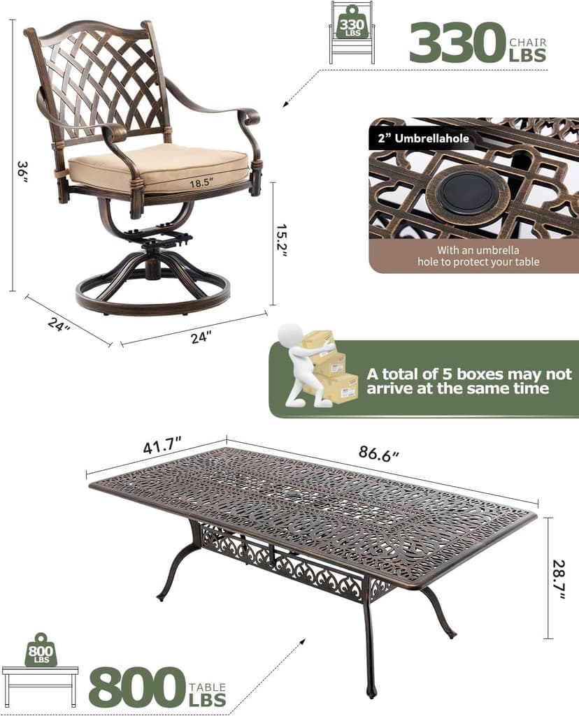 9 Piece Cast Aluminum Outdoor Dining Set, Retro Patio Dining Furniture Set for 8 Includes 86” Table 2 Swivel & 6 Stackable Lattice Chairs with Cushions and 2“ Umbrella Hole for Porch Poolside Garden