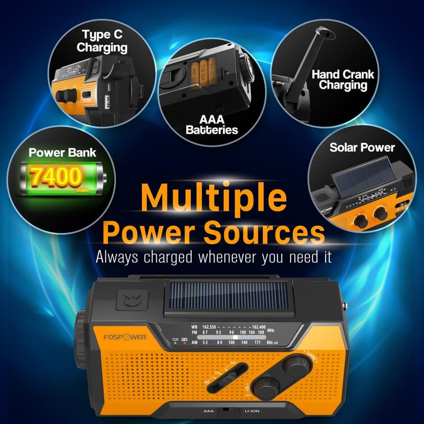 FosPower Emergency Weather Radio (Model A1) NOAA/AM/FM with 7400mWh Portable Power Bank, USB/Solar/Hand Crank Charging, Battery Operated, SOS Alarm & Flashlight for Indoor/Outdoor Emergencies