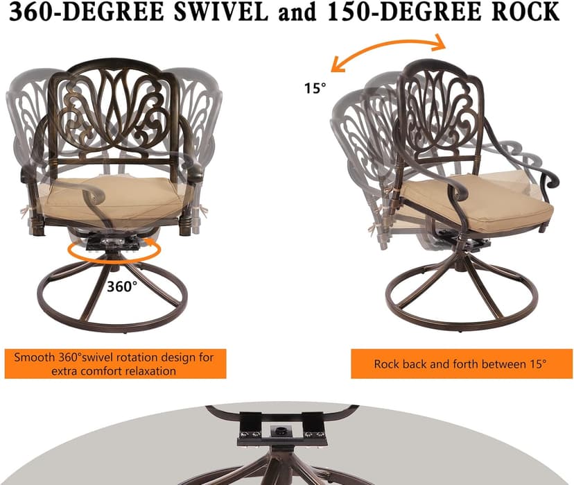 Grepatio 9 Piece Cast Aluminum Patio Furniture Set Outdoor Dining Set Bistro Furniture Set with 6 Chairs 2 Swivel and Dining Table, 8 Cushions for Backyard Garden (Khaki)