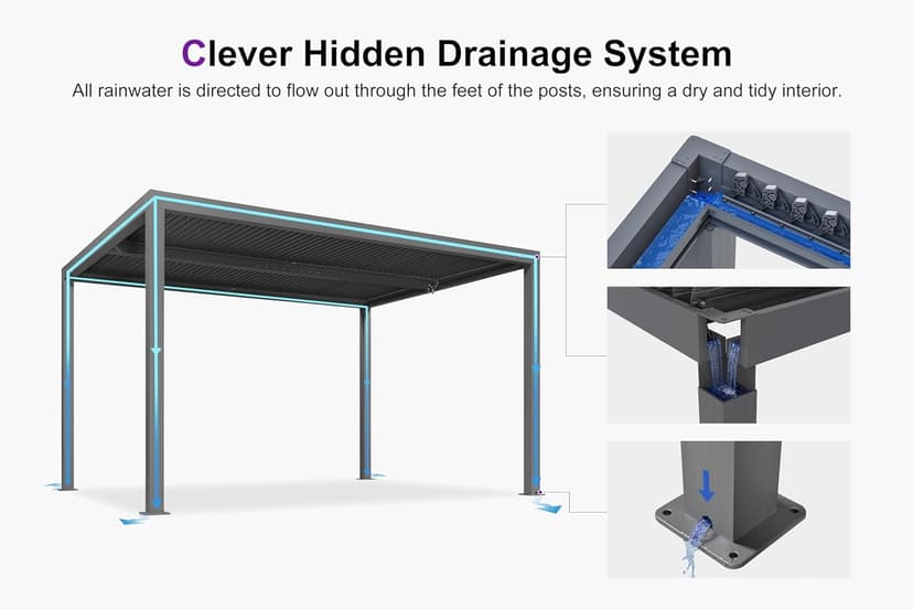 PURPLE LEAF Louvered Pergola 10' x 13' Outdoor Retractable Modern Hardtop Full Aluminum Pergola with Adjustable Rainproof Roof and 36 Clear LED String Lights for Patio Deck Backyard Slate Grey