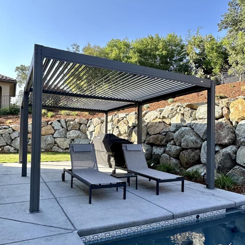 Domi Outdoor Louvered Pergola 10x13FT Full Aluminum Structure,Patio Rainproof Pergola with Two Independently Adjustable Roof for Backyard, Garden w/Curtains and Netting - Dark Gray