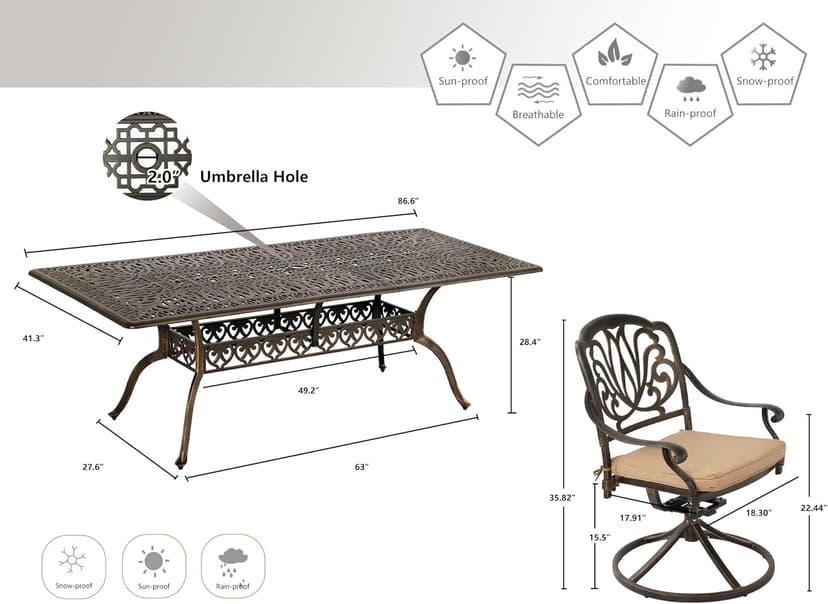 Grepatio 9 Piece Cast Aluminum Patio Furniture Set Outdoor Dining Set Bistro Furniture Set with 6 Chairs 2 Swivel and Dining Table, 8 Cushions for Backyard Garden (Khaki)