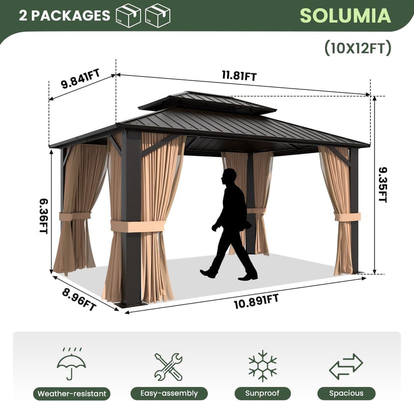 10’x12’ Hardtop Gazebo, Galvanized Steel Double Roof Canopy with Aluminum Frame, Outdoor Pavilion with Nettings and Curtains