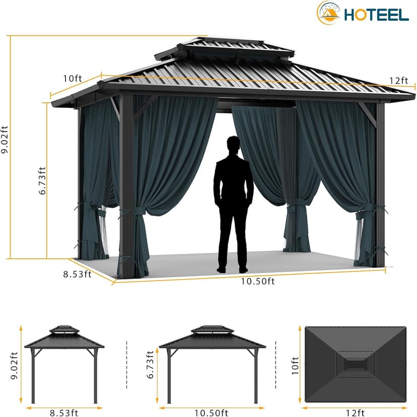 HOTEEL 10x12 Hardtop Gazebo Hot Tub Gazebo with Flame-Retardant Curtain Netting, Heavy Duty Pavilion with Galvanized Steel Double Roof, Aluminum Frame Outdoor Canopy for Patio, Party (2025 Upgraded)