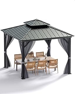 10 ft x10 ft Hardtop Gazebo for All Weather, with Double Metal Roof, Aluminum Alloy Frame, Net, and Curtain, Heavy Duty Building for Patio, Deck, Backyard, Lawn, and Garden, Gray