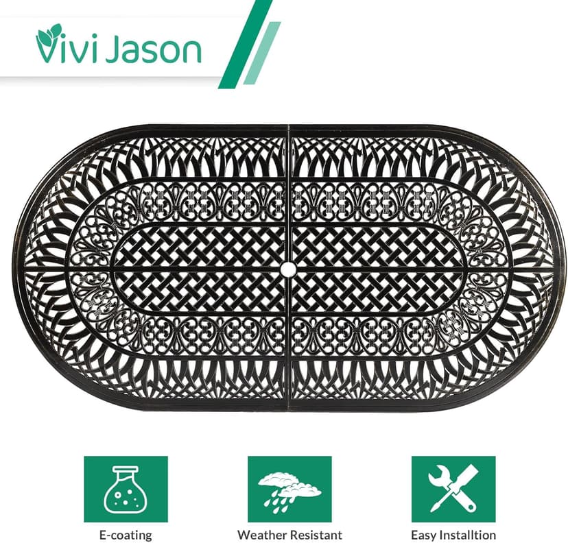 VIVIJASON 9-Piece Outdoor Furniture Dining Set, All-Weather Cast Aluminum Patio Conversation Set, Include 8 Cushioned Chairs and an Oval Table with Umbrella Hole for Balcony Lawn Garden Backyard