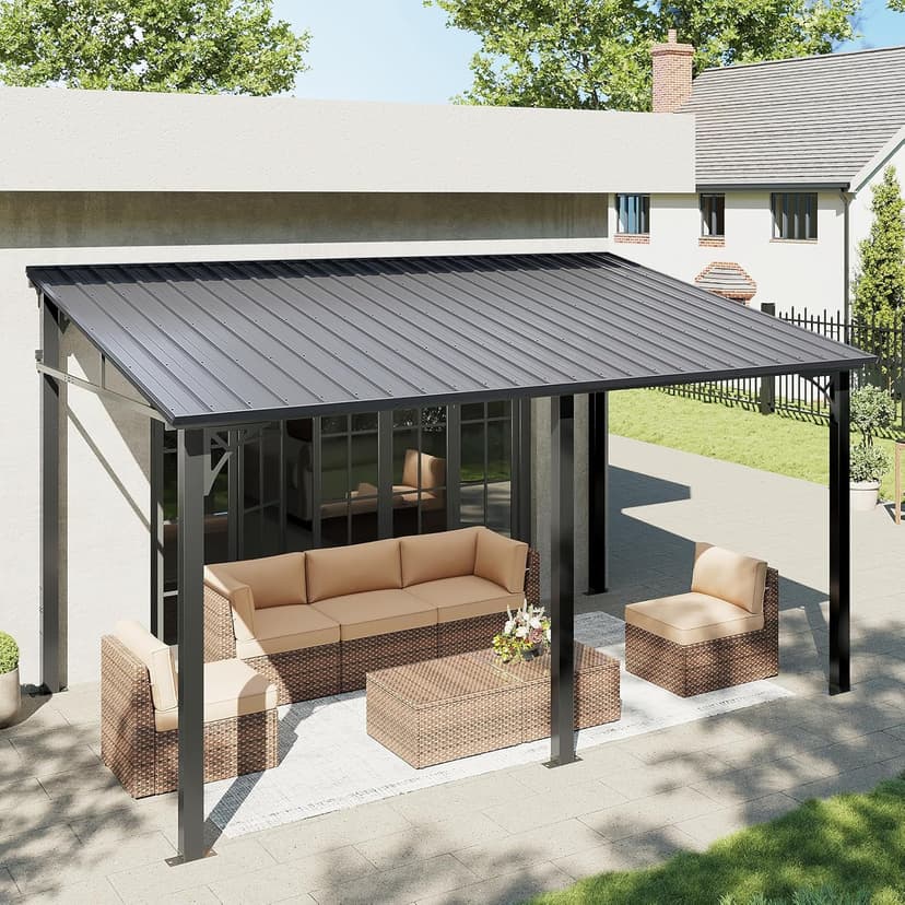 Aoxun 10' x 14' Lean to Gazebo, Upgraded Hardtop Outdoor Pergola with Sloping Galvanized Steel Roof, Large Wall-Mounted Heavy Duty Awnings for Patio, Backyard, Deck, Porch