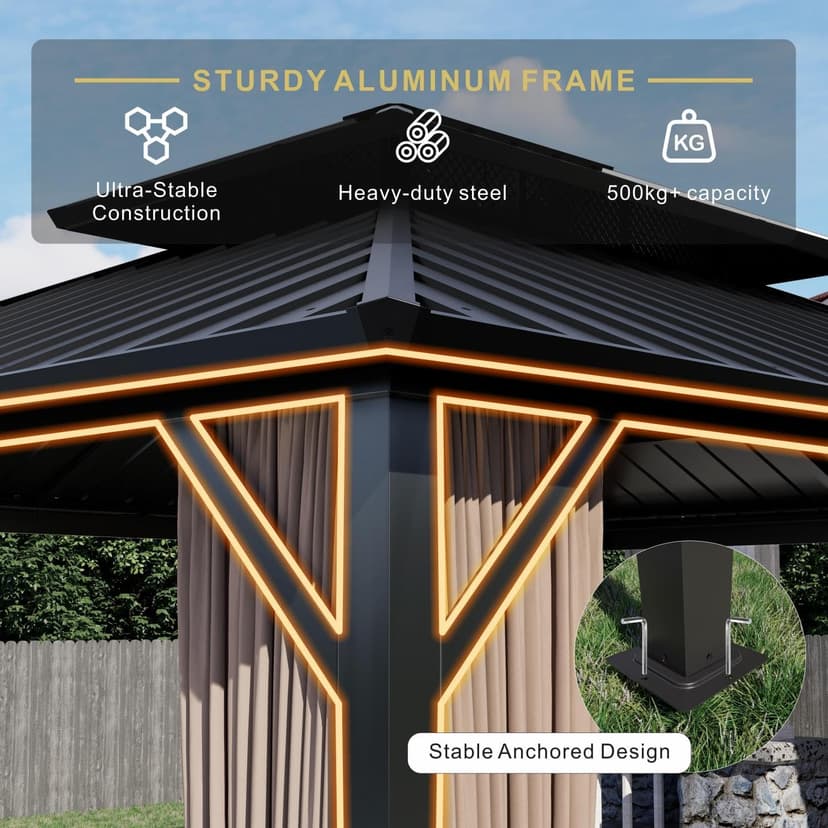 10’x12’ Hardtop Gazebo, Galvanized Steel Double Roof Canopy with Aluminum Frame, Outdoor Pavilion with Nettings and Curtains