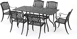Christopher Knight Home Cayman Outdoor 6-Seater Cast Aluminum Dining Set, 7-Pcs Set, Black Sand
