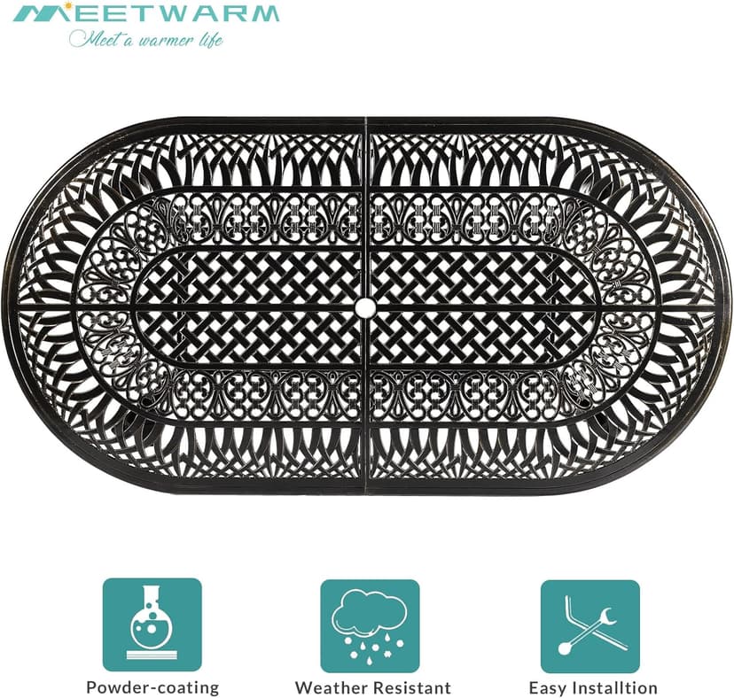 MEETWARM 9-Piece Outdoor Furniture Dining Set, All Weather Cast Aluminum Patio Garden Set with 8 Chairs,1 Oval Table, 2" Umbrella Hole, Dark Bronze