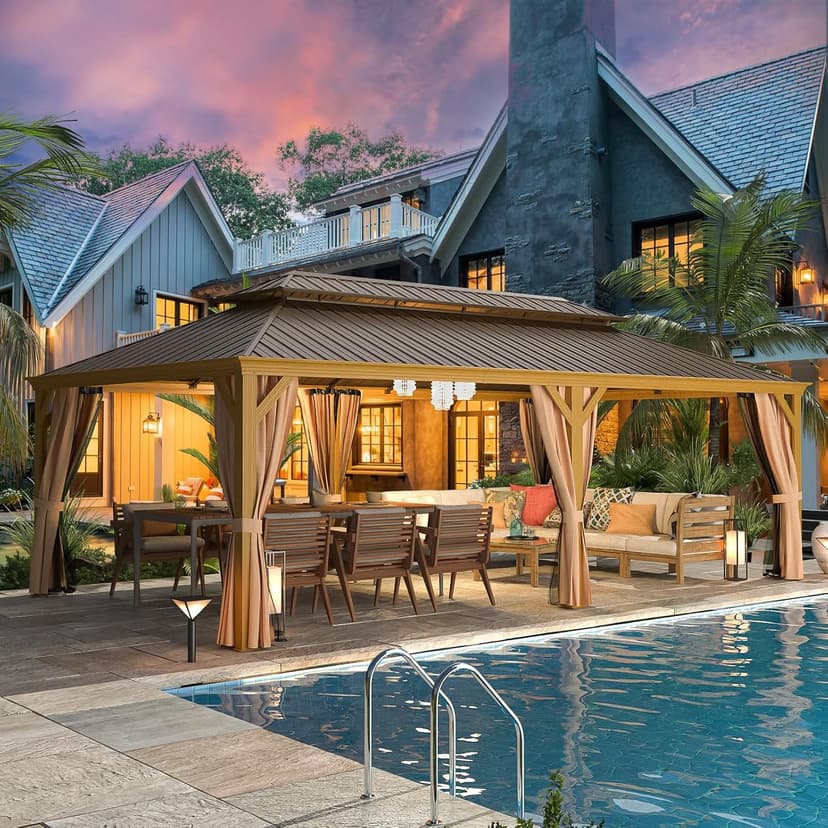 MELLCOM 14'x24' Gazebo, Wooden Finish Coated Aluminum Frame Pergola with Double Galvanized Steel Hardtop Roof, Outdoor Permanent Metal Pavilion with Curtains and Nettings for Patio, Backyard and Deck