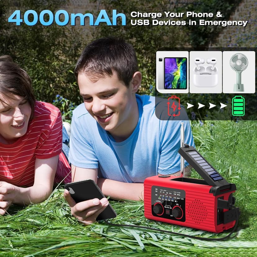 Emergency Weather Radio, 4000mAh NOAA Weather Alert Radio Solar Charging, Hand Crank & USB Charged, AM/FM with LED Flashlight, Reading Lamp, SOS Alarm, Headphone Jack for Outdoor Indoor