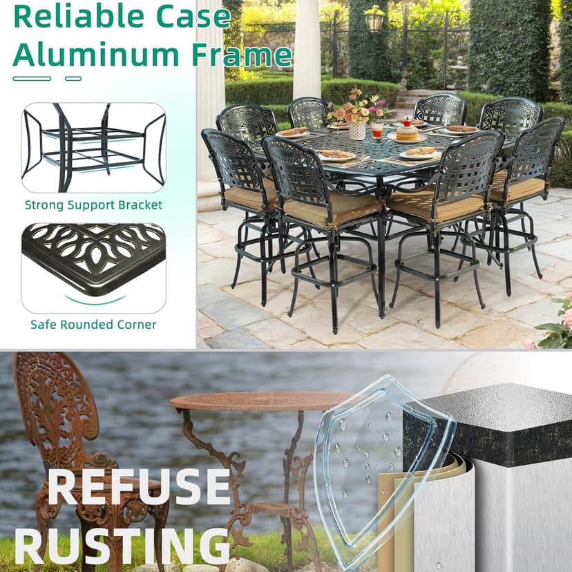 VIVIJASON 9-Piece High Patio Dining Set, Free-Rust Cast Aluminum Patio Bar Table and Chairs Set with 8 Swivel Bar Stools & 64" Bar Height Dining Table, Umbrella Hole for Backyard, Lawn, Garden