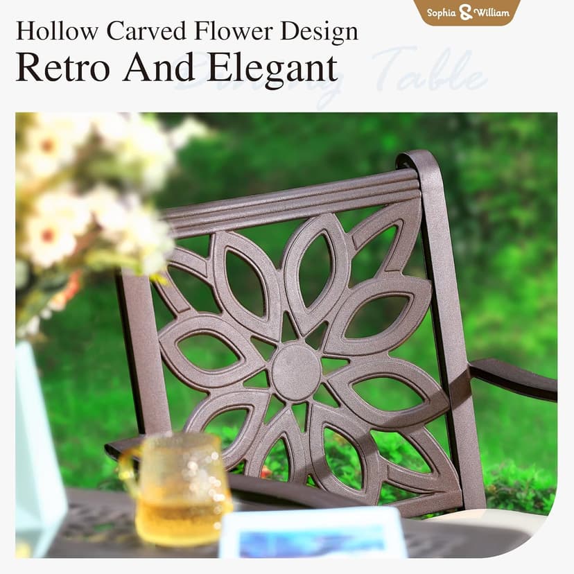 Sophia & William 7 Pieces Cast Aluminium Patio Dining Furniture Set for 6, Powder-Coating Outdoor Dining Chairs and Round Table with 2.2" Umbrella Hole for Porch Backyard Deck, Bronze