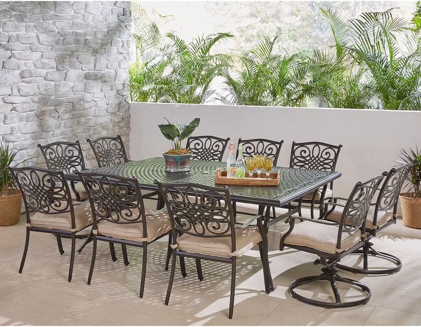 Hanover Traditions 11-Piece Outdoor Dining Set with 60" x 84" Cast-Top Aluminum Table, 6 Dining Chairs, and 4 Swivel Rockers with Thick Foam Cushions