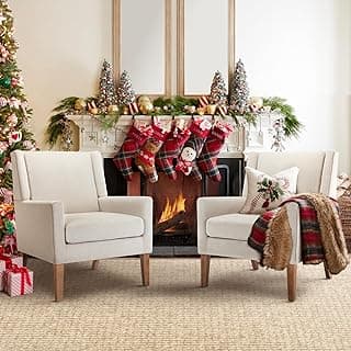 COLAMY Modern Wingback Living Room Chair Set of 2, Upholstered Fabric Accent Armchair, Single Sofa Chair with Lounge Seat and Wood Legs for Bedroom/Office/Reading Spaces, Beige