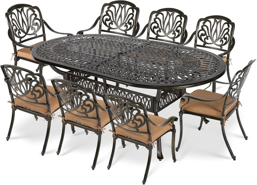 VIVIJASON 9-Piece Outdoor Furniture Dining Set, All-Weather Cast Aluminum Patio Conversation Set, Include 8 Cushioned Chairs and an Oval Table with Umbrella Hole for Balcony Lawn Garden Backyard