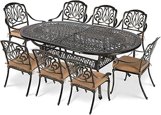 VIVIJASON 9-Piece Outdoor Furniture Dining Set, All-Weather Cast Aluminum Patio Conversation Set, Include 8 Cushioned Chairs and an Oval Table with Umbrella Hole for Balcony Lawn Garden Backyard