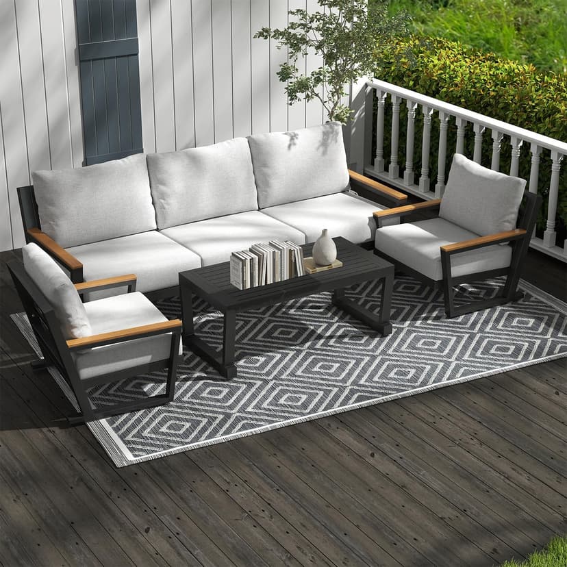 Aluminum Outdoor Furniture with Coffee Table,5 Seats Patio Furniture Set Sectional Waterproof Sofa with Conversation Set Table with Upgrade and Washable Cushion Grey