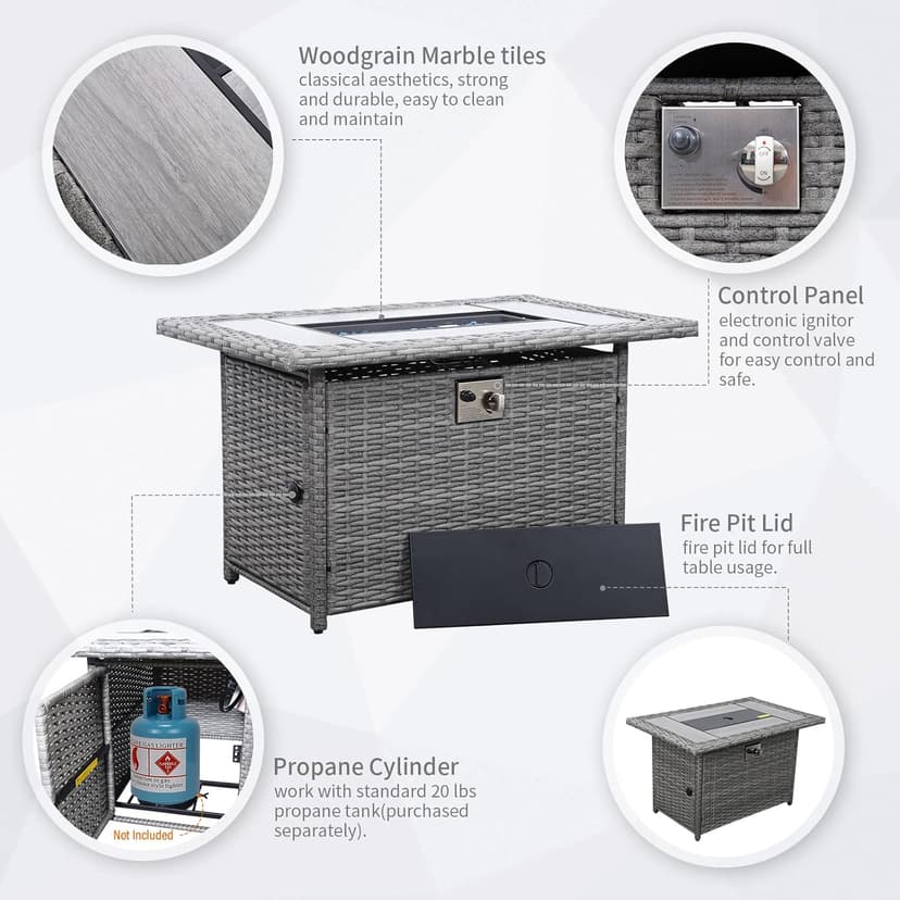 Rattaner 7-Piece Outdoor Furniture Sets Patio Furniture Set with 45-inch Fire Pit Patio Couch Outdoor Chairs 60000 BTU Propane Fire Pit Table with Non-Slip Cushions Waterproof Covers, Light Grey