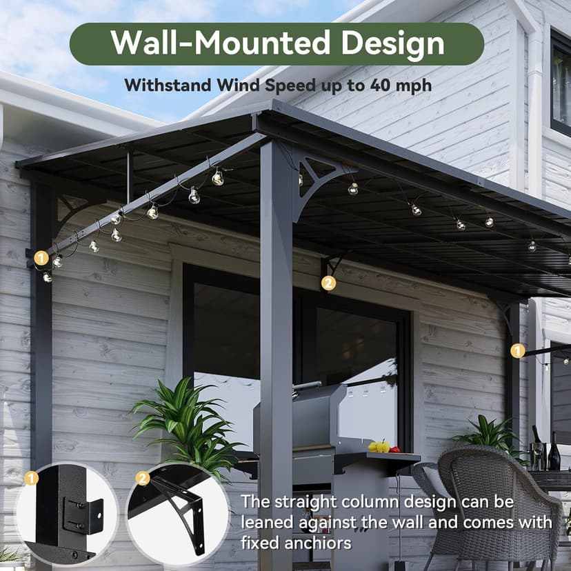 Aoxun 10' x 14' Lean to Gazebo, Upgraded Hardtop Outdoor Pergola with Sloping Galvanized Steel Roof, Large Wall-Mounted Heavy Duty Awnings for Patio, Backyard, Deck, Porch