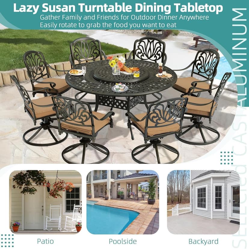 MEETWARM Outdoor 9-Piece Patio Dining Set, All-Weather Cast Aluminum Patio Conversation Set- 8 Cushioned Swivel Rocker, 61" Round Patio Dining Table w/Detachable Lazy Susan/Umbrella Hole, Dark Bronze
