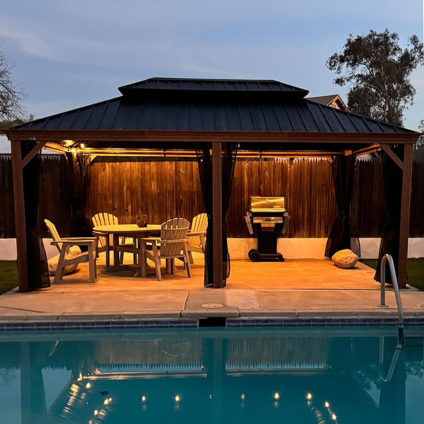 PURPLE LEAF 12' X 20' Outdoor Hardtop Gazebo for Patio Galvanized Steel Double Roof Permanent Canopy Teak Finish Coated Aluminum Frame Pavilion Gazebo with Netting and String Lights