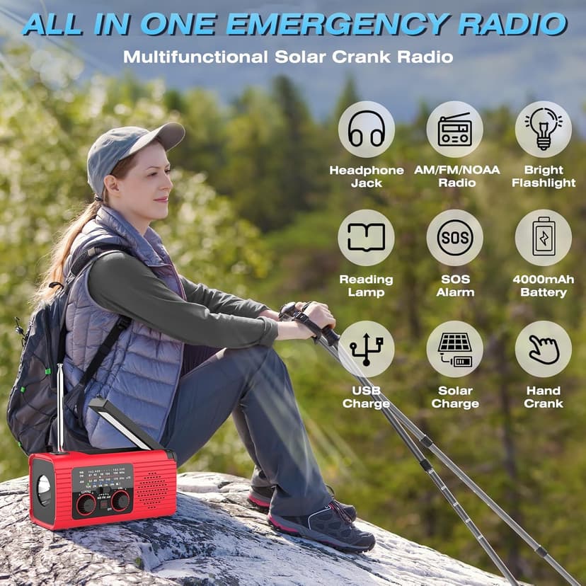 Emergency Weather Radio, 4000mAh NOAA Weather Alert Radio Solar Charging, Hand Crank & USB Charged, AM/FM with LED Flashlight, Reading Lamp, SOS Alarm, Headphone Jack for Outdoor Indoor