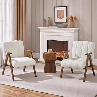 Yaheetech Boucle Fabric Mid Century Accent Chair Set of 2, Modern Upholstered Living Room Chairs with Solid Wood Legs, Reading Armchair for Small Spaces Bedroom
