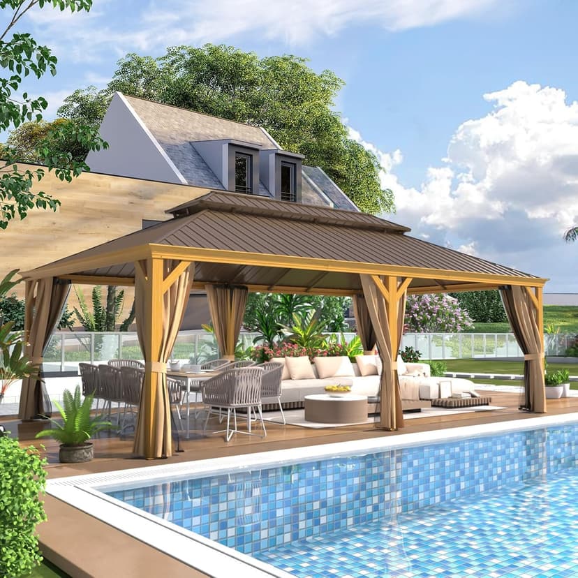 MELLCOM 14'x24' Gazebo, Wooden Finish Coated Aluminum Frame Pergola with Double Galvanized Steel Hardtop Roof, Outdoor Permanent Metal Pavilion with Curtains and Nettings for Patio, Backyard and Deck