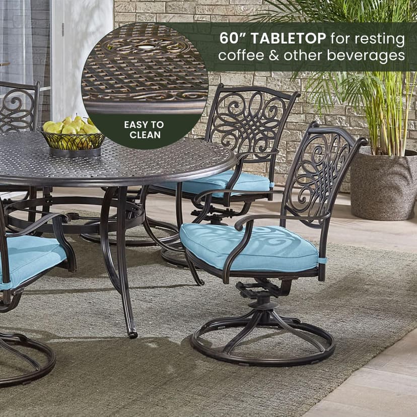 Hanover Traditions Set with 6 Swivel Rocker Chairs, Tan Cushions and Large 38"x72" Dining Table, Outdoor Dining Set for 6