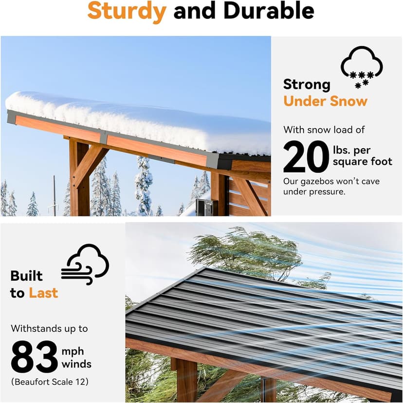 Modern Shade The Aura Cedar Wood Entertainment Bar Center, Wood Gazebo Grill Pavilion with Shelves & Paper Towel Holder, Grill Gazebo with Hardtop Steel Roof,TV Mount, Power Strip for Patio, Garden