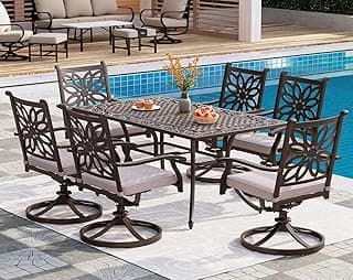 PHI VILLA Cast Aluminum Patio Dining Set for 6 Person, 7 Piece Outdoor Patio Set with 63" x 37.4" Cast-Top Aluminum Table(2.3" Umbrella Hole) and 6 Swivel Rockers Dining Chairs with Cushions