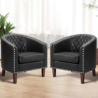 PrimeZone Barrel Chair Set of 2, Comfy Accent Chair, Faux Leather Living Room Chairs Club Chair with Cushion, Nailhead Trim and Diamond Grid Backrest, Reading Chair for Bedroom Waiting Room, Black