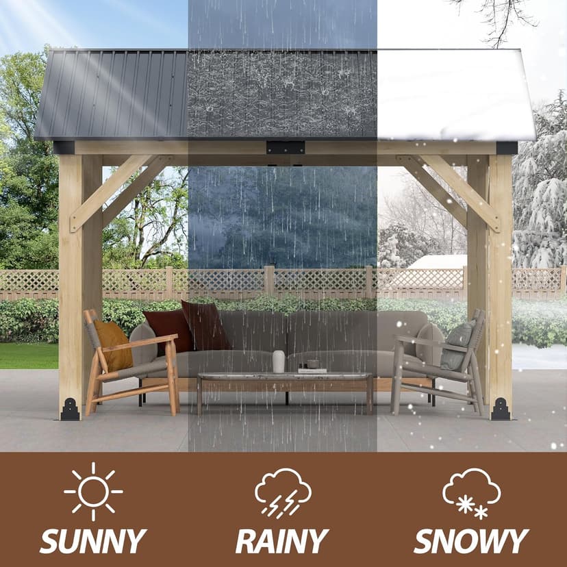 10' x 12' Wood Gazebo, Outdoor Cedar Hardtop Wooden Frame Gazebos with Galvanized Steel Roof for Garden, Patio, Deck