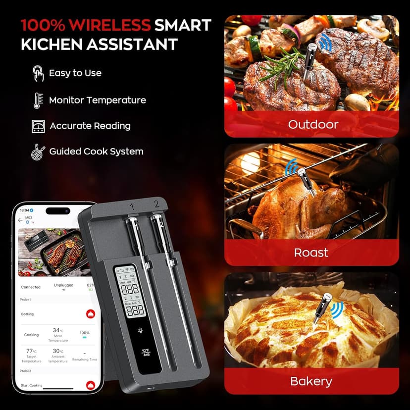 Smart Wireless Meat Thermometer with Dual Probes, Bluetooth & WiFi Combo, High Precision & Fast Response for BBQ, Grill, Smoker, Oven, Air Fryer
