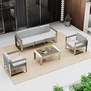 Outdoor Furniture Set, 4 Piece Aluminum Patio Furniture Set with Coffee Table, Wide Seat and Thick Cushions, Outdoor Patio Conversation Sets for Deck, Porch (LightGray)